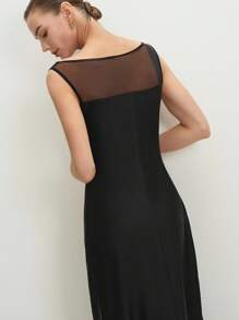 BizChic 2025 Summer New Arrival Independent Day Music Festival Party Outfit, Suitable For Wedding Guest Brunch, Urban Commute, Romantic Casual, Elegant Office Mesh Panel Long Dress, Summer Date Occasion - Black - View 7