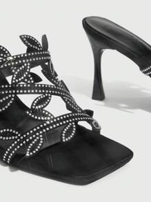 CUCCOO SZL 方头高跟女鞋，蝴蝶装饰女士高跟凉鞋 - 黑色 - 查看 5