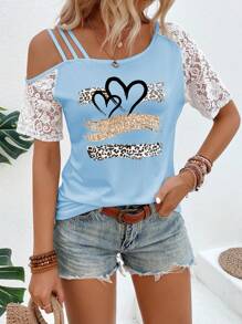 SHEIN LUNE Áo thun nữ họa tiết trái tim và da báo thêu ren, áo thun in hình báo gêpa cho nữ - Màu xanh nhạt - Xem 4