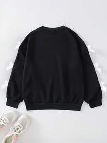 Tween Girls Casual Everyday Versatile Comfortable Round Neck Knitted Sleeve Cute Butterfly Graphic Sweatshirt - Black - View 2