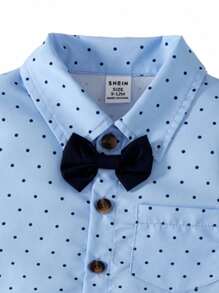 SHEIN 2pcs Baby Boys Romper Outfit Set: Light Blue Polka Dot Bodysuit With Navy Blue Bow Tie Collar And Button Front, Paired With Adjustable Navy Blue Bib Overalls. Suitable For Weddings, Birthdays, And Other Celebrations Fall Winter - Multicolor - View 6