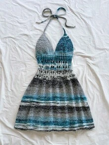 Soleia Women's Light Grey Autumn Boho Beach Holiday Vintage Colorful Gradient Yarn V-Neck Hollow Flared Mini Crochet Knitted Sweater Dress For Party,Date - Multicolor - View 5
