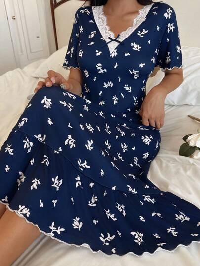 CottageSlumber Romantic-Flora Romantic Casual Ditsy Floral Ruffle Lace Splicing V-Neck Soft Milk Silk Mid-Length Ladies Home Comfortable Nightgown, Navy Vintage Pajama Dress, Moo Moo  Cozy And Elegant Details
