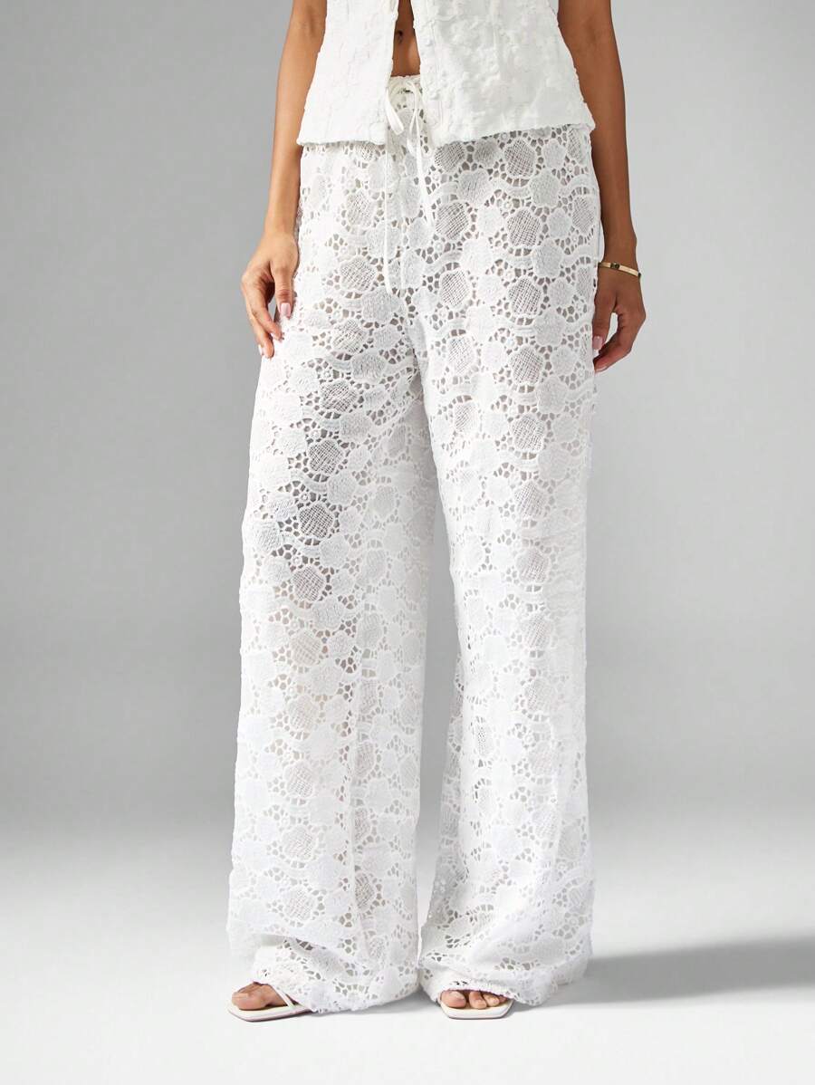 MISSGUIDED 优雅蕾丝阔腿阔腿裤度假装海滩婚礼新娘送礼会特殊场合高腰波西米亚风夏季长裤 - 白色 - 查看 1
