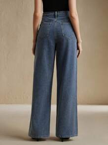 Anewsta Elaire Women's High Waist Fashion Embroidered Lace Loose Straight Wide Leg Jeans Pants - Blue - View 2