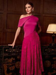 ZEYLAH Vestido largo de verano elegante para damas con cuello asimétrico, panel con aplicación de flor de jacquard y bajo acampanado - Rosa Fucsia - Ver 1