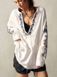 Bohemela Áo sơ mi cổ khoét thêu họa tiết cây cỡ lớn dành cho kỳ nghỉ - trắng - Xem 7