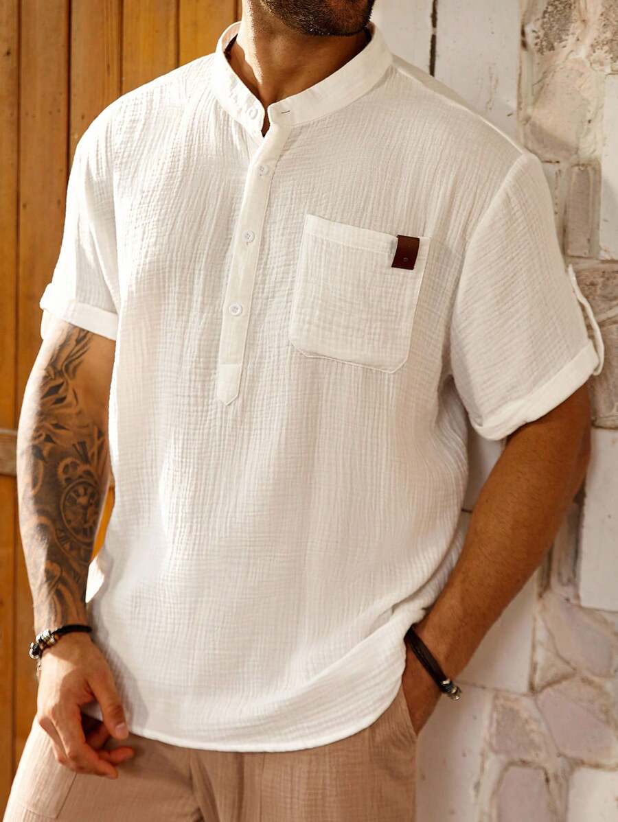 Manfinity Homme Plus Size Men's Solid Color Pocket Button Summer Casual Short Sleeve Polo Shirt - White - View 1