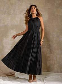 Roveilla Plus Size Women Elegant Solid Color Pleated Halter Dress For Summer - Black - View 4