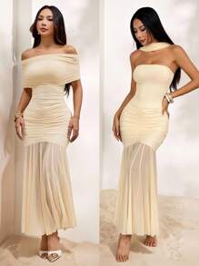 SHEIN PETITE Váy cưới mùa hè Fairycore cho nữ, váy đuôi cá hở vai, lưới đan màu trơn, váy tốt nghiệp màu trắng - Màu be - Xem 6