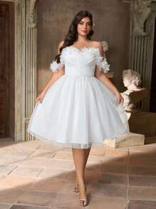 Aureia Váy trễ vai ren hoa 3D màu trắng lãng mạn thanh lịch cỡ lớn, viền bèo nhún hở lưng, thích hợp cho tiệc tối, hẹn hò ăn tối, kỳ nghỉ, sinh nhật, tốt nghiệp, đám cưới, phù dâu và các dịp trang trọng khác - trắng - Xem 2