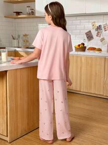SHEIN 少女休闲宽松纯色T恤和条纹蝴蝶结印花长裤睡衣套装 - 粉色 - 查看 2