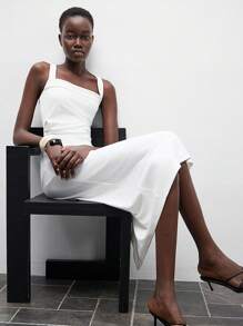 Lumivelle Sleeveless, Form-Fitting And Elegant Mid-Length Dress For Women With Swing Collar All White Summer Dress Clothes For University - White - View 1