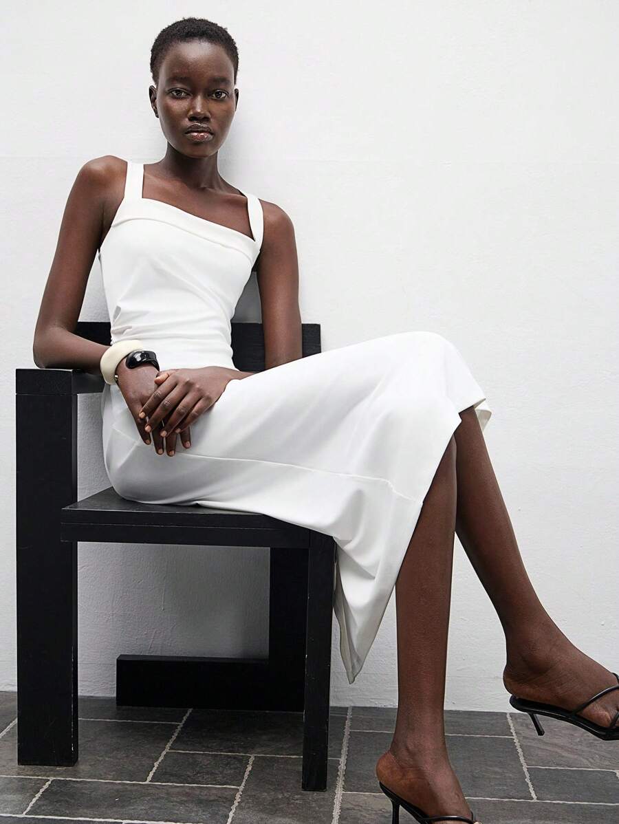 Lumivelle Sleeveless, Form-Fitting And Elegant Mid-Length Dress For Women With Swing Collar All White Summer Dress Clothes For University - White - View 1