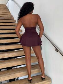Alexandranx Xù Xù Hoa Sen Không lưng Halter Neck Romper - màu nâu - Xem 2