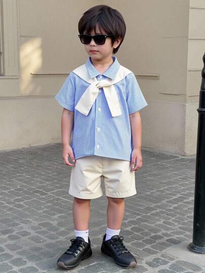 SHEIN 2pcs Toddler Boys Summer Casual Striped Shirt And Shorts Set,Holiday,Summer, Travel