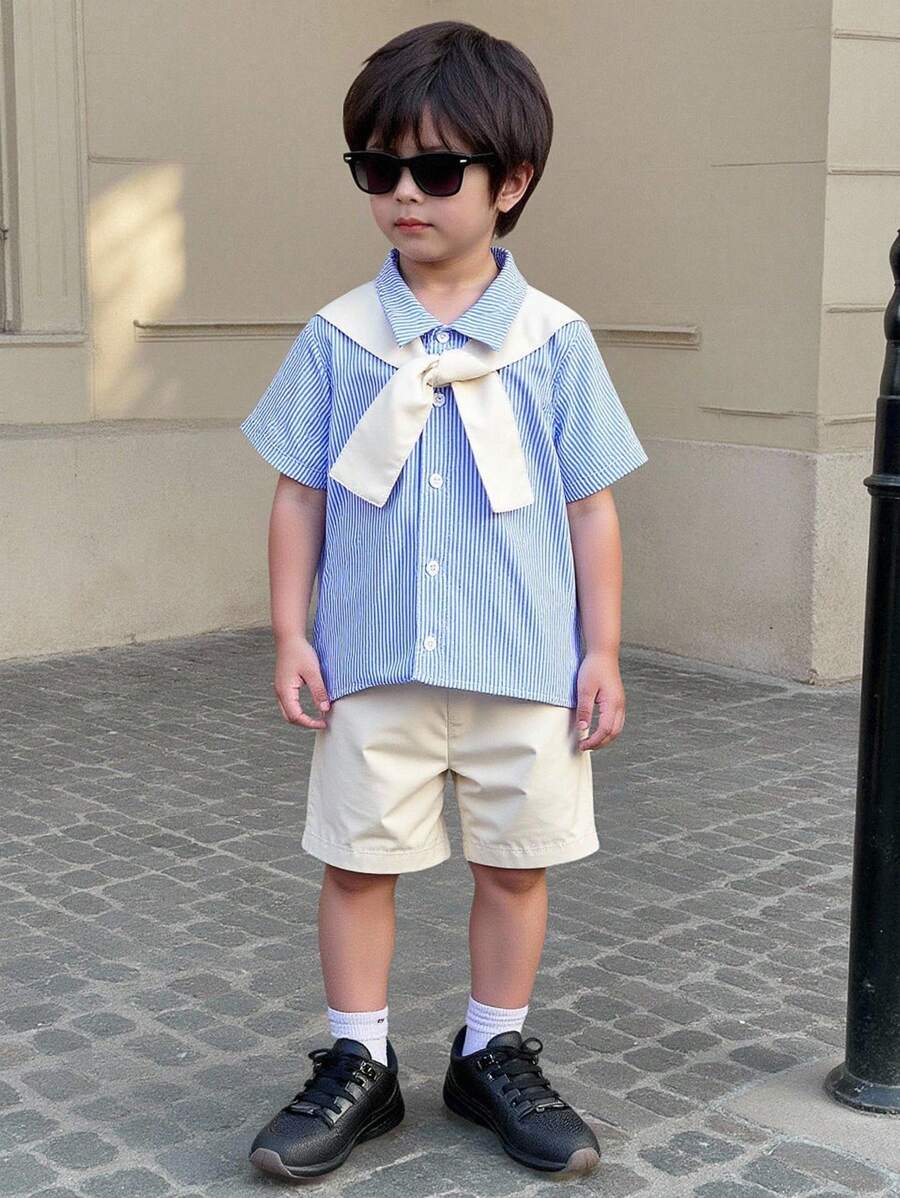 2件套幼儿男童夏季休闲条纹衬衫和短裤套装 - 彩色 - 查看 1