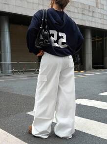 SHEIN 少女休闲宽松舒适连帽运动衫和裤子套装，简约设计，带有数字印花 - 藏蓝色 - 查看 5