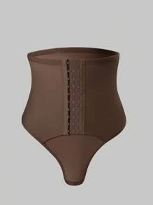 SHEIN Women's High-Waisted Tummy Control Shapewear Panty With Hook-And-Eye Closure - Mocha Brown - View 3