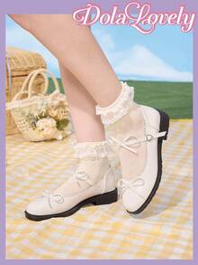 Dola Lovely 2025新款法式蝴蝶结玛丽珍鞋，复古圆头平底休闲皮鞋，女款春夏 - 米色 - 查看 3