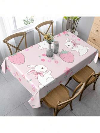 Kawaii 1 pieza Mantel con estilo cute Ins con un conejito de fresa rosa claro. Este lindo y cálido mantel rosa es adecuado para comer al aire libre en restaurantes, decoración del hogar, y también se puede usar para picnics y fiestas festivas