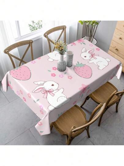 Kawaii 1pc Cute Ins Style Tablecloth With A Light Pink Strawberry Rabbit. This Cute And Warm Pink Tablecloth Is Suitable For Outdoor Dining In Restaurants, Home Decoration, And Can Also Be Used For Picnics And Holiday Parties