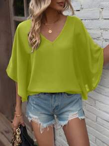 EMERY ROSE 女士休闲蝙蝠袖纯色度假衬衫 - 綠色 - 查看 7