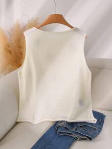 CosyJoli 大码女式 3D 花卉装饰圆领休闲针织背心，秋冬外出上衣 - 白色 - 查看 2