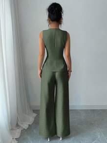 SHEIN PETITE 2pcs Women's French Elegant Metal Flower Clasp Commuter Casual Suit - Army Green - View 2