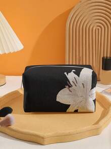 ROMWE Kawaii Black Background White Lily Flower Pattern Octagonal Velvet Cosmetic Bag - Multicolor - View 2