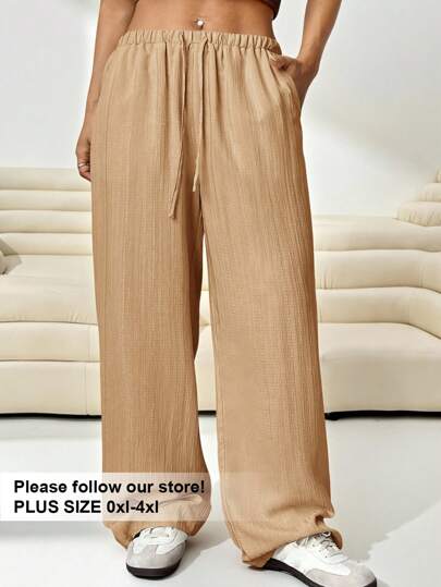 Solflare Pantalones palazzo de talla grande para mujer, de ajuste holgado y tela tejida de color caqui