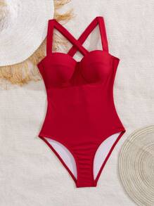 Shapewave 1pc Red Wide Strap Underwire Push Up Padded Cross Strap Back Elegant One Piece Swimsuit For Women For Summer Beach Vacation - Red - View 3