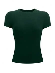 Jouncy Camiseta de cuello redondo ajustada verde oliva sólida para mujer - Verde Oscuro - Ver 3