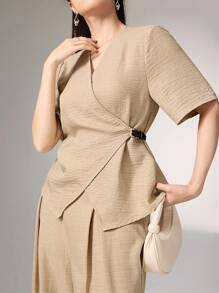 Heiryn V-Neck, Leather Waistband, Retro Style Flare Leg Floor Length Jumpsuit, Versatile Two Pieces Set For Commute