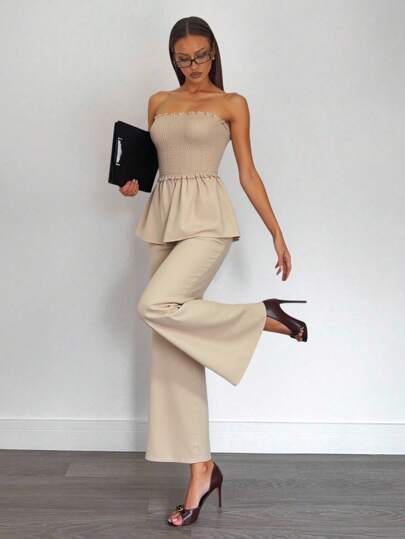 Siren Gaze 女士露肩上衣和裤子套装，有线设计女士休闲无袖上衣和长裤两件套，夏季度假装