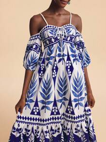 Travachic Vestido de manga larga con estampado de plantas tropicales, hombros descubiertos y mangas altas para mujeres, adecuado para vacaciones - Azul - Ver 5