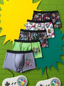 TEENAGE MUTANT NINJA TURTLES | SHEIN 5pcs Tween Boy Black & Green Cool Boy Soft & Comfy Cute Cartoon Turtle Printed Underwear,Basic Casual Briefs - Multicolor - View 1