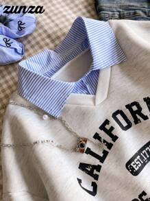 青少年女孩休闲运动衫，百搭校园/通勤风格，2 合 1 衬衫领运动衫，数字和字母，豹纹，宽松版型