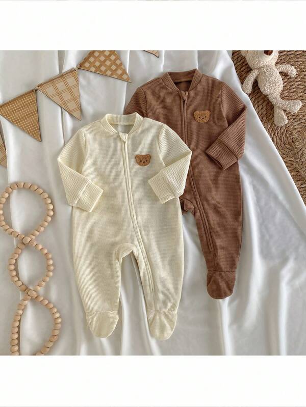 Loomiva Conjunto de 2 piezas para bebé recién nacido niño/niña con body de manga larga de punto suave con cuello redondo y pantalones estampado de oso de dibujos animados