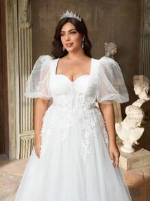 Aureia Đầm Maxi bồng bềnh cổ tim màu trắng thanh lịch lãng mạn quyến rũ tay bồng phóng đại đính hạt trang trí hoa cỡ lớn, thích hợp cho kỳ nghỉ, tuần trăng mật, dạ hội, đám cưới, váy cưới - trắng - Xem 6