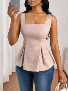SHEIN Lady 新款时尚优雅复古系带方领无袖上衣，适合度假和办公穿着，春夏上衣，非洲风情度假上衣 - 杏色 - 查看 3