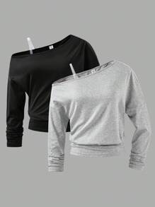 2pcs/Set Girls' Oblique Shoulder All-Match Versatile T-Shirts, Casual Street Style, Multi-Color