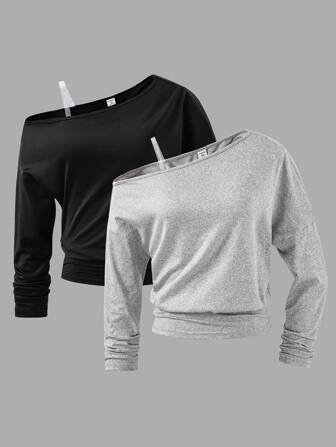 2pcs/Set Girls' Oblique Shoulder All-Match Versatile T-Shirts, Casual Street Style, Multi-Color Chic Outfits For Autumn/Winter Fall