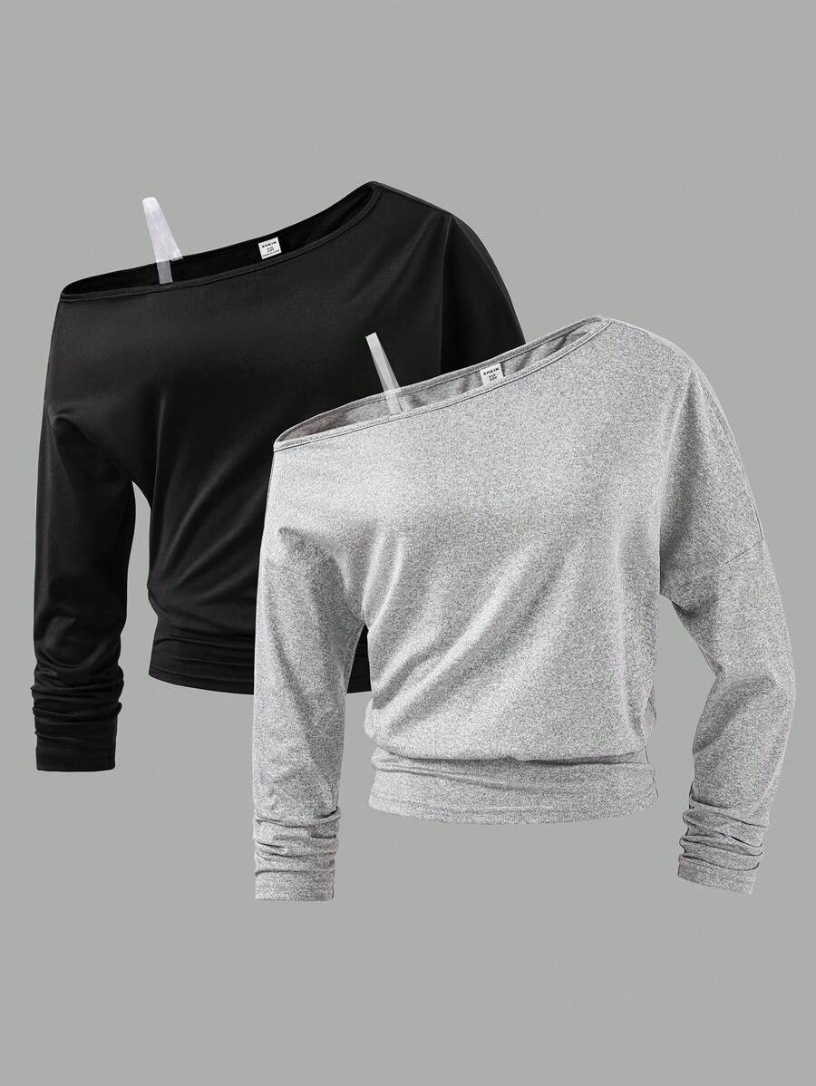 2pcs/Set Girls' Oblique Shoulder All-Match Versatile T-Shirts, Casual Street Style, Multi-Color