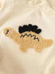 SHEIN 韩式两件套幼儿婴儿卫衣和条纹裤套装，柔软棉质可爱恐龙图案套头衫和裤子 - 杏色 - 查看 3