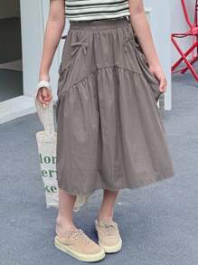 Dazy Kids 女童夏季休闲纯色蝴蝶结装饰A字裙 - 灰色 - 查看 6