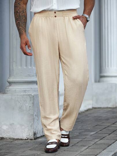 Manfinity Mode Pantalon décontracté ample et droit pour homme grande taille, de couleur unie, avec taille élastique et poches