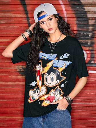 Astro Boy X ROMWE Back To School Cartoon Figure Graphic Loose Short Sleeve T-Shirt
