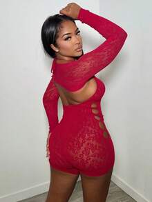 Alexandranx 女士性感提花镂空连体衣新年俱乐部节日派对服装女士 - 酒紅色 - 查看 2