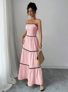 Elenzga 女式夏季新款撞色饰边系带无袖休闲连衣裙 - 粉色 - 查看 4